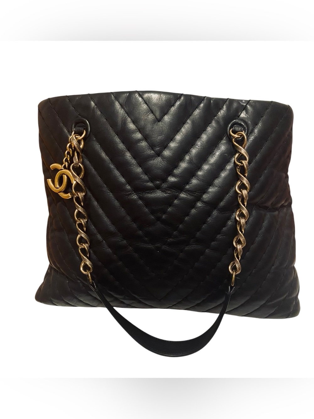 CHANEL Black Quilted Leather Shoulder Tote with Gold Chain Strap